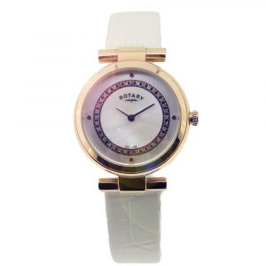 ROTARY Ladies 32mm Designer Watch Rose Gold MOP Crystals White leather LS00662/41 Genuine